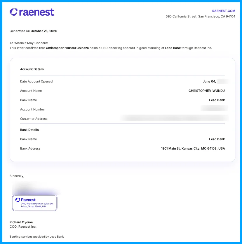 Raenest USD account