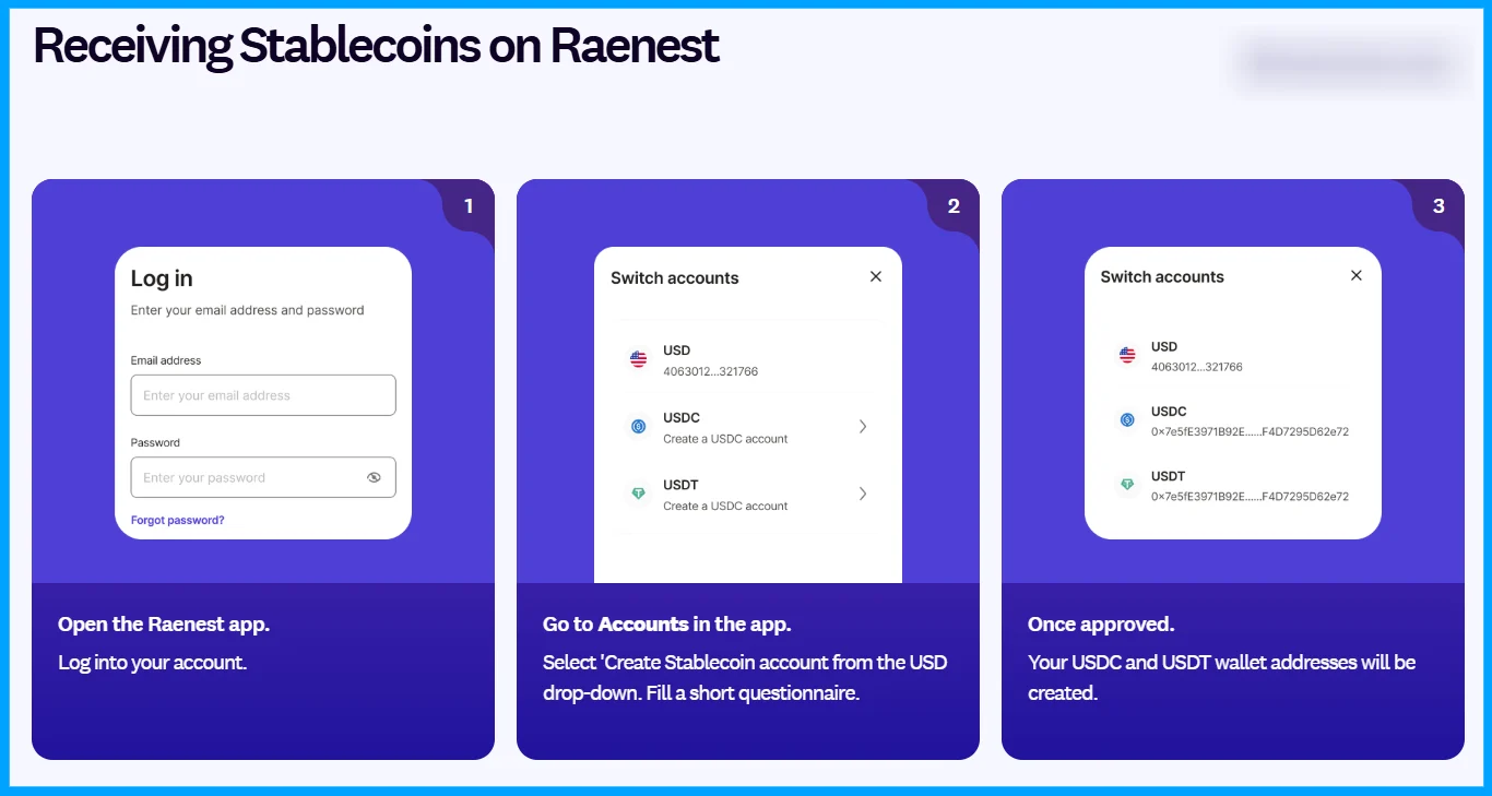receiving stablecoins on Raenest